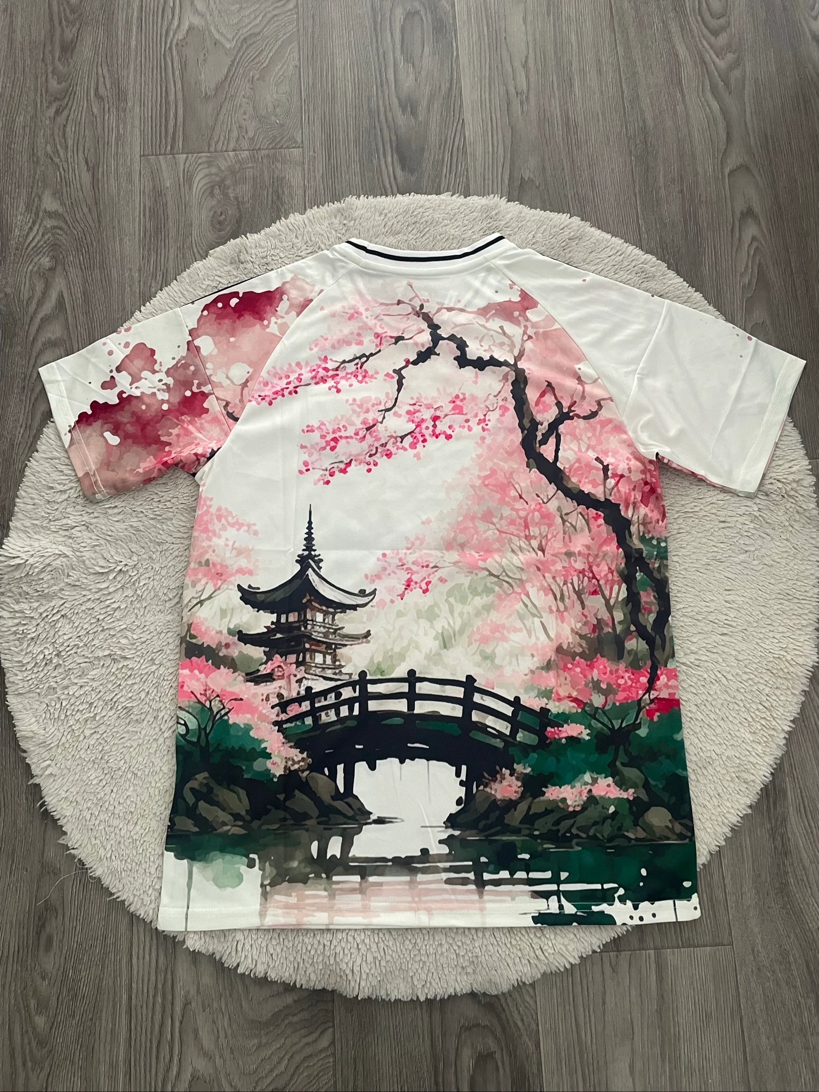 maillot de fútbol concepto adidas Japón rosa blanco verde templo lago puente río talla L nuevo – photo 3